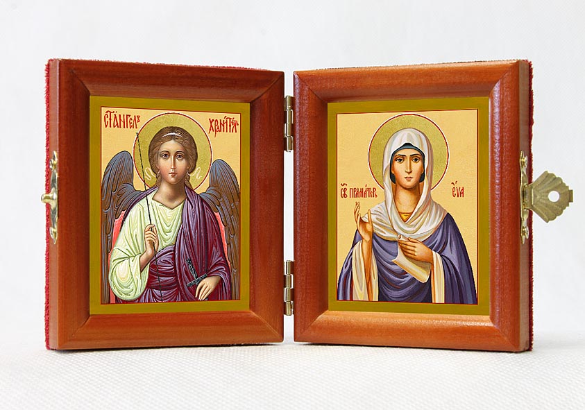 Russian Orthodox Folding Icon Dyptich 3.15x3.55in/6.3x3.55in "Saint Holy Foremother Eve and Angel the Keeper"