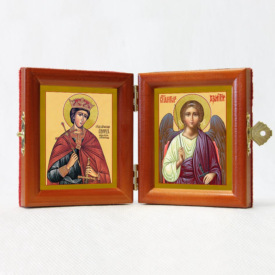 Russian Orthodox Folding Icon Dyptich 3.15x3.55in/6.3x3.55in "Saint Holy Edward the Martyr, King of England and Angel the Keeper"