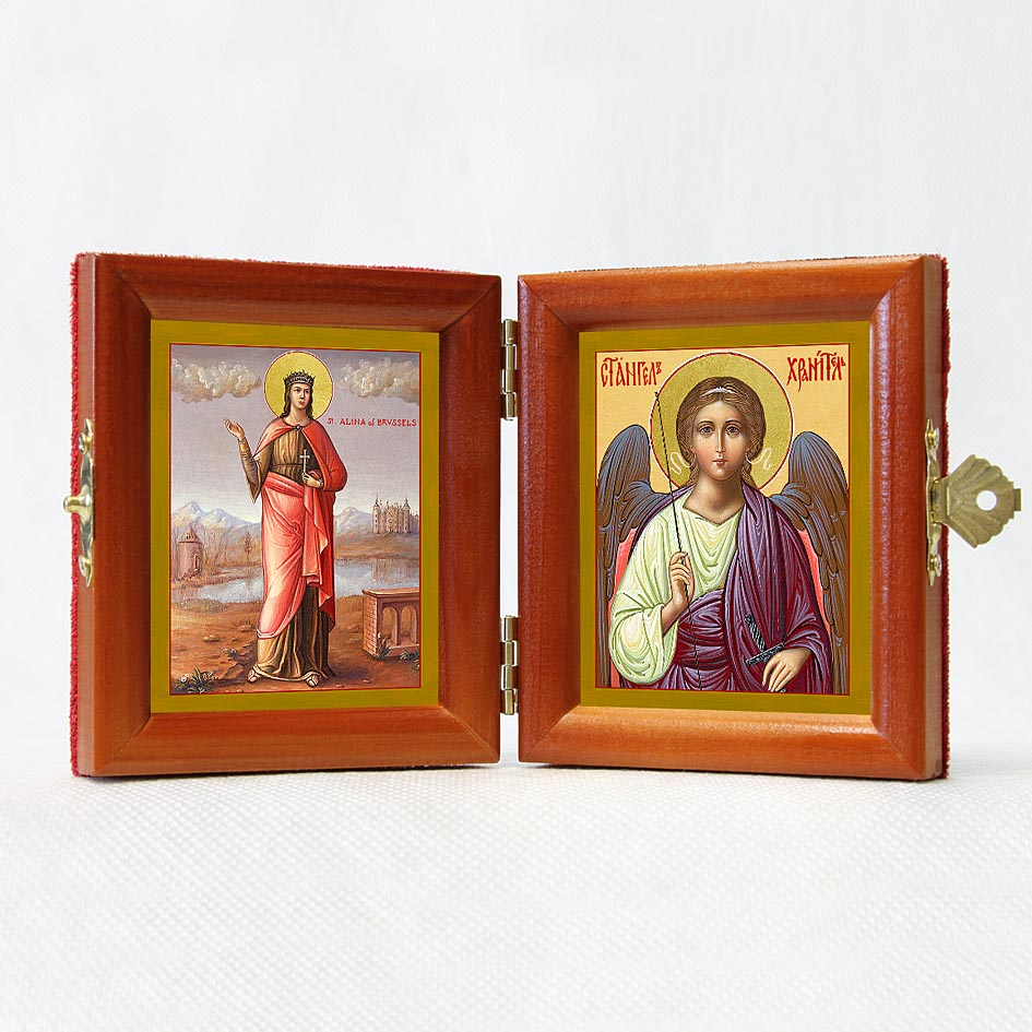 Russian Orthodox Folding Icon Dyptich 3.15x3.55in/6.3x3.55in "Saint Martyr Alina of Belgium, Brussels and Angel the Keeper"