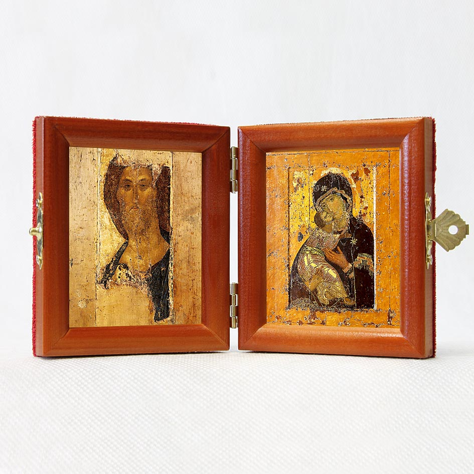 Russian Orthodox Folding Icon Dyptich 3.15x3.55in/6.3x3.55in "Jesus Christ The Pantocrator and Theotokos, Our Lady Of Vladimir (by Andrey Rublev)"