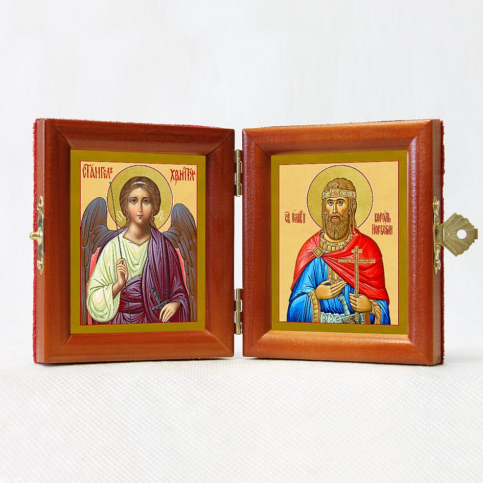 Russian Orthodox Folding Icon Dyptich 3.15x3.55in/6.3x3.55in "Saint Holy Olaf II Haraldsson, King of Norway and Angel the Keeper"