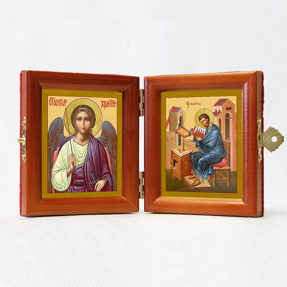 Russian Orthodox Folding Icon Dyptich 3.15x3.55in/6.3x3.55in "Saint Mark the Apostle and Angel the Keeper"