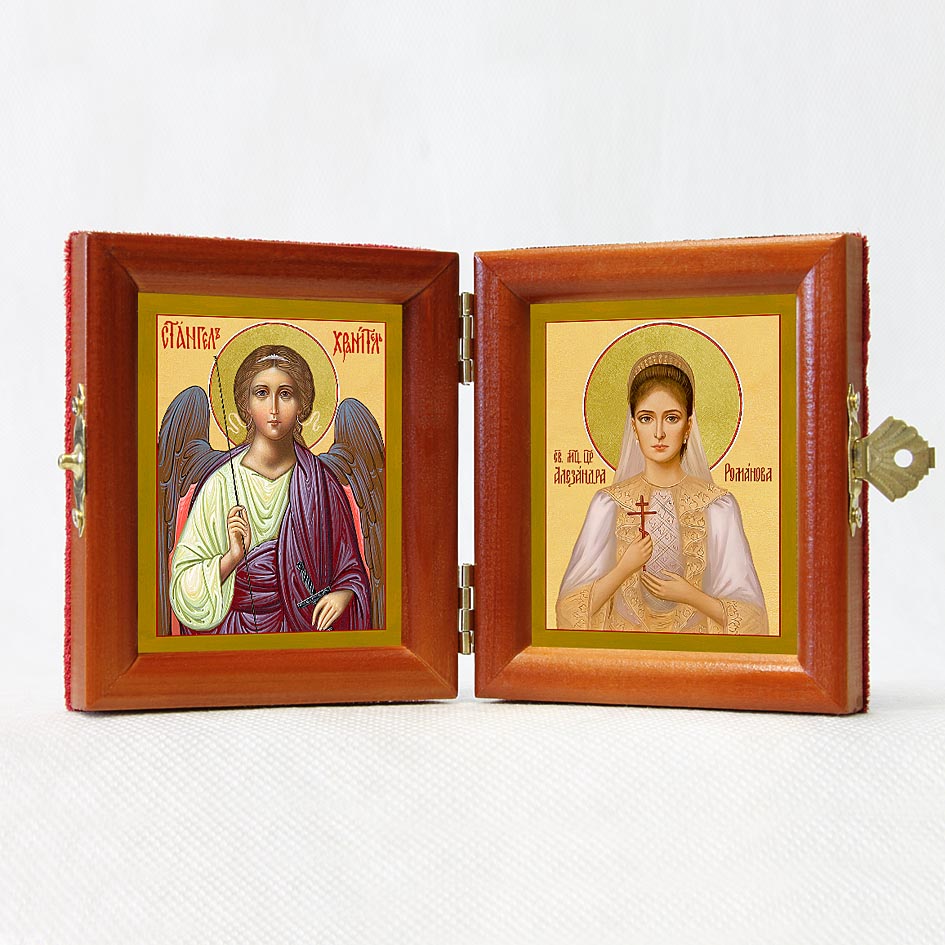 Russian Orthodox Folding Icon Dyptich 3.15x3.55in/6.3x3.55in "Saint Empress Alexandra Romanov and Angel the Keeper"