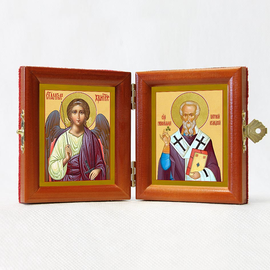 Russian Orthodox Folding Icon Dyptich 3.15x3.55in/6.3x3.55in "Saint Patrick of Ireland and Angel the Keeper"