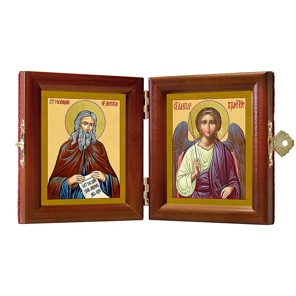 Russian Orthodox Folding Icon Dyptich 3.15x3.55in/6.3x3.55in "Saint Venerable Herman of Alaska and Angel the Keeper"