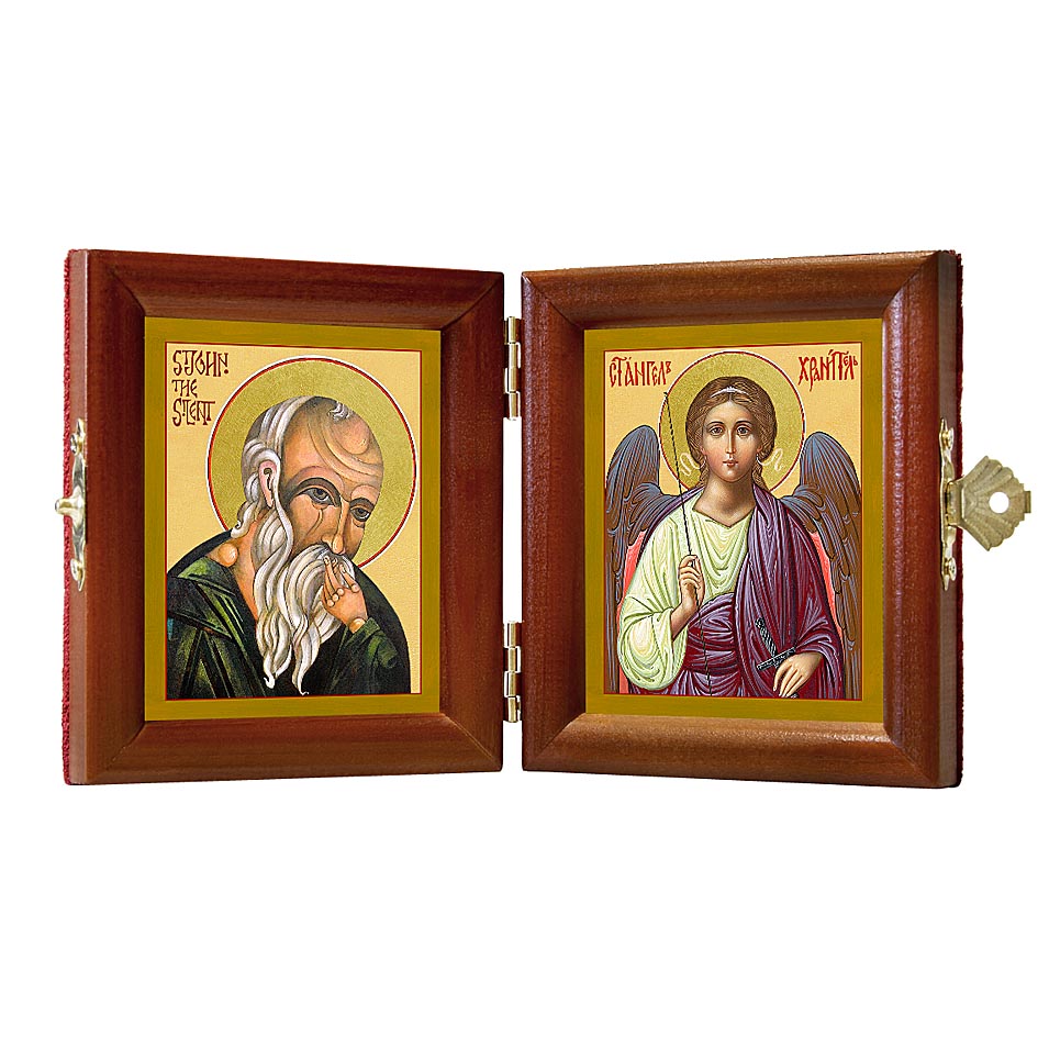Russian Orthodox Folding Icon Dyptich 3.15x3.55in/6.3x3.55in "Saint Venerable John the Silent and Angel the Keeper"