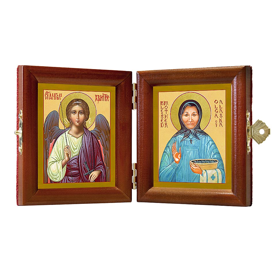 Russian Orthodox Folding Icon Dyptich 3.15x3.55in/6.3x3.55in "Saint Righteous Olga of Alaska (Olga Michael) and Angel the Keeper"