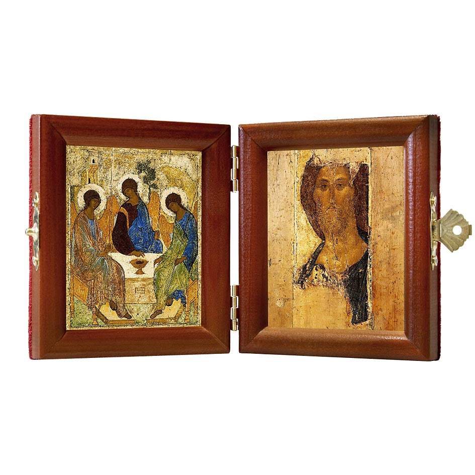 Russian Orthodox Folding Icon Dyptich 3.15x3.55in/6.3x3.55in "Saint Holy Trinity of Old Testament and Jesus Christ The Pantocrator (by Andrey Rublev)"