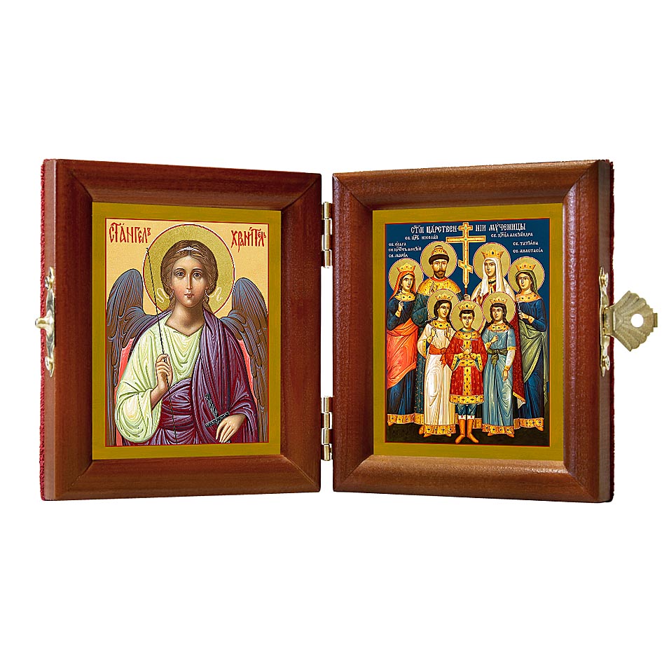 Russian Orthodox Folding Icon Dyptich 3.15x3.55in/6.3x3.55in "Saint Emperor Nicholas II Romanov and His Family, and Angel the Keeper"