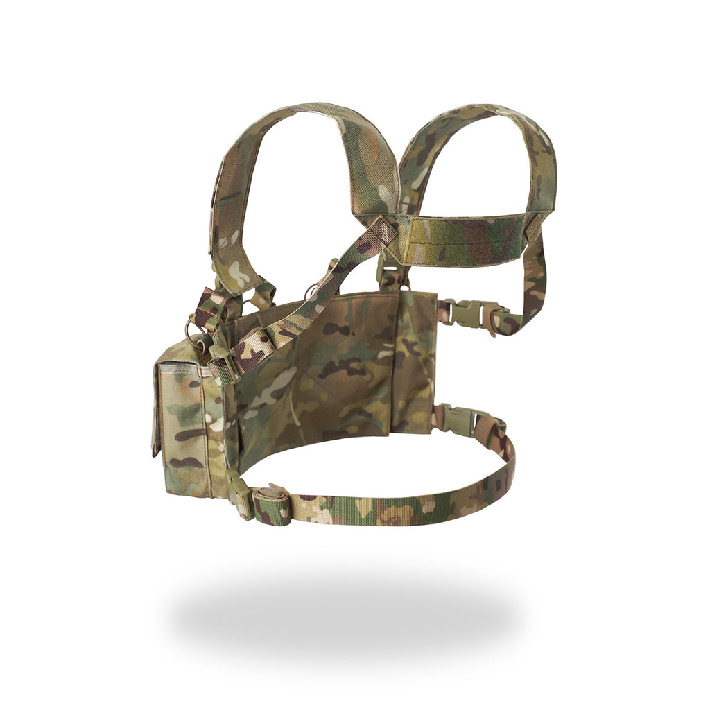 Russian MBC Gear - "D3" Tactical Chest Rig - Multicam in a lightweight, adjustable design with camouflage pattern, featuring multiple straps and a pouch for carrying essentials.
