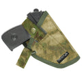 Russian Viking Gear Open Holster for PM - Moss Camo holding a black Russian surplus pistol grip, featuring durable moss camo fabric with secure snap closure and reinforced edges.