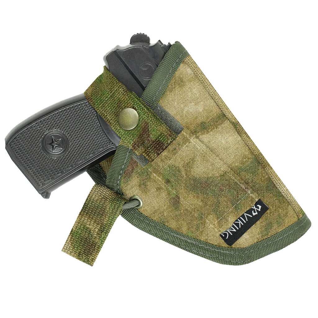 Russian Viking Gear Open Holster for PM - Moss Camo holding a black Russian surplus pistol grip, featuring durable moss camo fabric with secure snap closure and reinforced edges.