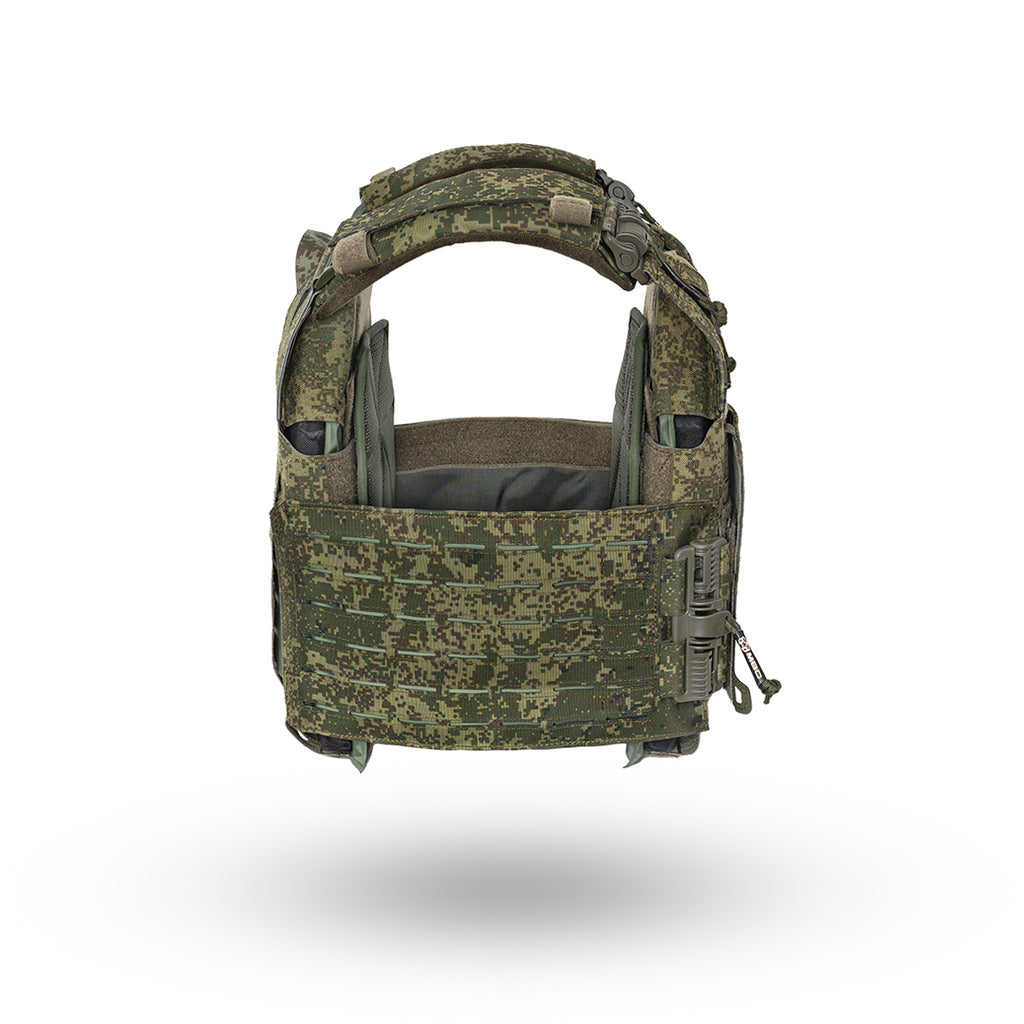 Front view of a tactical vest in EMR Digital Flora camouflage pattern, displaying detailed MOLLE webbing and adjustable straps for secure fit, Russian MBC Gear Phantom Type 2 Plate Carrier - EMR Digital Flora - Size M.