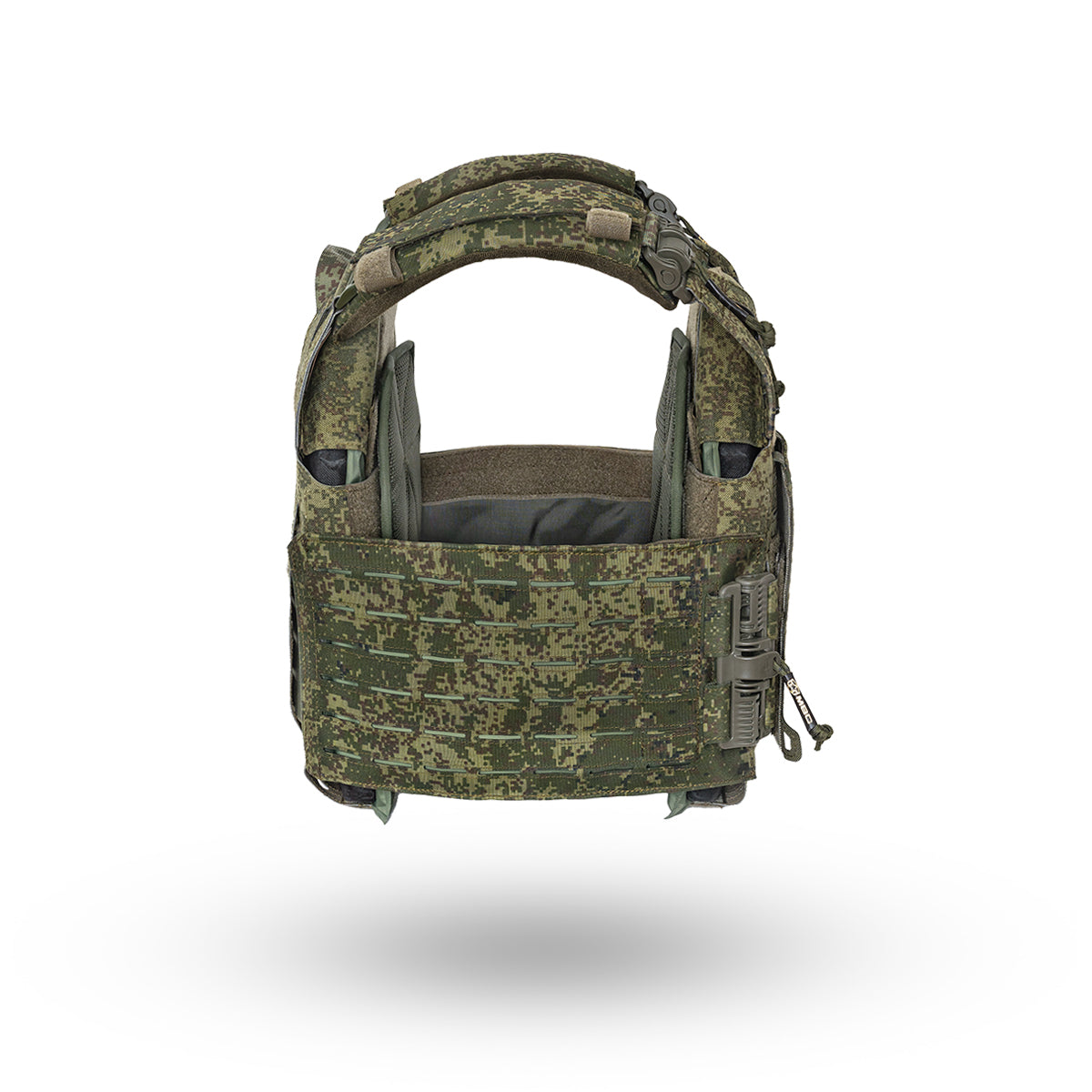 Front view of a tactical vest in EMR Digital Flora camouflage pattern, displaying detailed MOLLE webbing and adjustable straps for secure fit, Russian MBC Gear Phantom Type 2 Plate Carrier - EMR Digital Flora - Size M.
